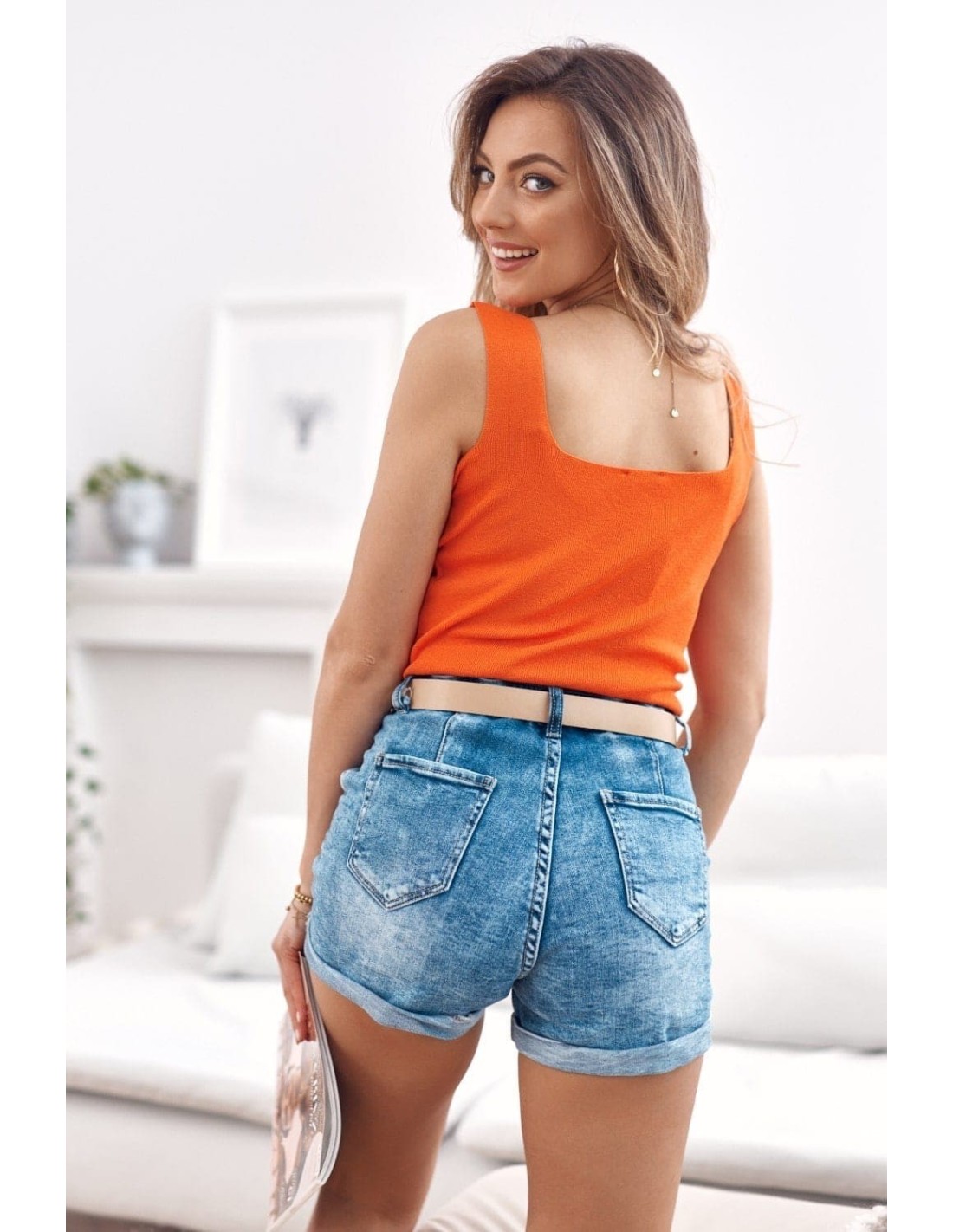 Knitted short top with straps, orange MP32854 - Online store - Boutique